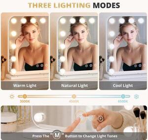 Hollywoodské LED zrcadlo – Kosmetické zrcadlo s 15 stmívatelnými lampami, 3 světelnými režimy, dotykovým ovládáním, USB/Type-C portem, vhodné pro umístění na stole nebo na zeď