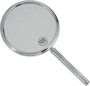 Zrcadlo na ruku s madlem – oboustranné, s normálním zobrazením a 10x zvětšením, průměr 16 cm, délka 18,5 cm, elegantní stříbrno-chromované kosmetické zrcadlo
