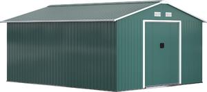 Zahradní domek Outsunny 12,4 m² se sedlovou stechou, posuvnými dvemi a základovou deskou, zelený