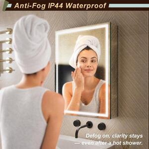 LED zrcadlo do koupelny s úložným prostorem, rozměry 50x70 cm, s funkcí proti zamlžování, plynulou regulací jasu, pamětí pro 3 barevné režimy, zásuvkami a USB porty - Lin