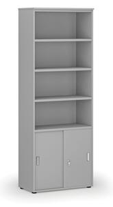 Kombinovaná kancelářská skříň PRIMO GRAY, zasouvací dveře na 2 patra, 2128 x 800 x 420 mm, šedá