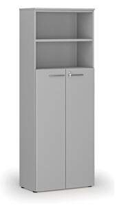 Kombinovaná kancelářská skříň PRIMO GRAY, dveře na 4 patra, 2128 x 800 x 420 mm, šedá