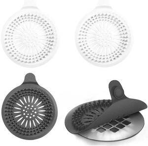 Allecto – Filtr do dřezu – Filtr do sprchy – Sprchová hlavice s funkcí čištění a přísavkou – Tmavě šedá – Silikonový sítko – Vhodné do koupelny i kuchyně – 4 kusy