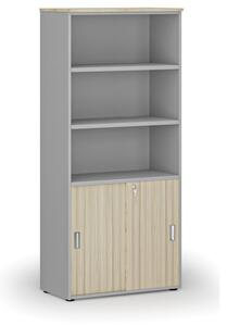 Kombinovaná kancelářská skříň PRIMO GRAY, zasouvací dveře na 2 patra, 1781 x 800 x 420 mm, šedá/dub přírodní