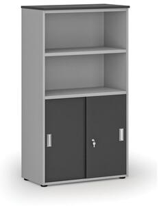 Kombinovaná kancelářská skříň PRIMO GRAY, zasouvací dveře na 2 patra, 1434 x 800 x 420 mm, šedá/grafit