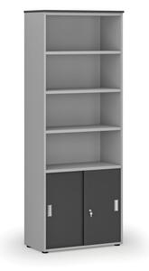 Kombinovaná kancelářská skříň PRIMO GRAY, zasouvací dveře na 2 patra, 2128 x 800 x 420 mm, šedá/grafit