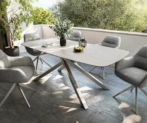 DELIFE Jídelní stůl Edge oválný 200x100 cm keramika Laminam® Travertino Bianco krémově bílá křížová podnož nerezová ocel