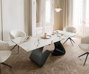 DELIFE Jídelní stůl Edge 180-220x100 keramika Calacatta Luxe bílá-zlatá-šedá W-podnož černá rozkládací