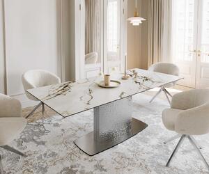 DELIFE Jídelní stůl Edge 180-220x100 keramika Calacatta Luxe bílá-zlatá-šedá Wave nerezová ocel rozkládací