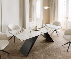 DELIFE Jídelní stůl Edge 180-220x100 keramika Calacatta Luxe bílá-zlatá-šedá podnož ve tvaru V plochá ocel černá rozkládací