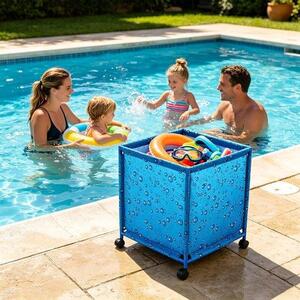 Úložný box pro bazén – mobilní organizér – úložný box do zahrady – s hladkými kolečky – 58x16x10 cm – modrá barva
