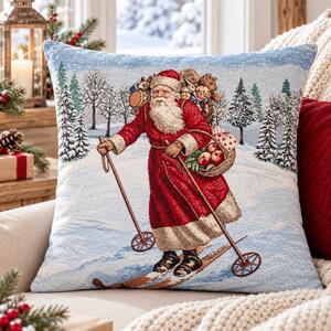 Gobelínový vánoční povlak na polštář s motivem Santa na lyžích 45x45 cm