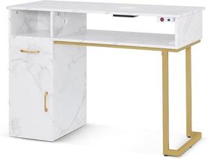Manikérský stolek – stůl na manikúru, stolek na pedikúru – pracovní plocha pro manikérský salon – integrovaný vysavač – rozměry 110 x 81 cm – barva: bílá s zlatými prvky