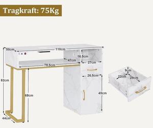 Manikérský stolek – stůl na manikúru, stolek na pedikúru – pracovní plocha pro manikérský salon – integrovaný vysavač – rozměry 110 x 81 cm – barva: bílá s zlatými prvky