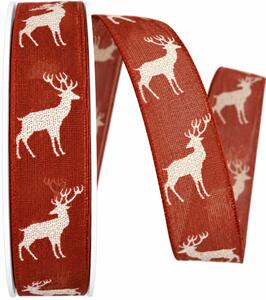 Stuha vánoční bavlněná WINTER DEER červená s bílými jeleny a stříbrným třpytem