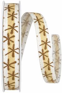 Stuha vánoční bavlněná CRAZY SNOWFLAKES GOLD bílá se zlatými vločkami 15mm x 20m