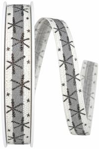 Stuha vánoční bavlněná CRAZY SNOWFLAKES SILVER bílá se stříbrnými vločkami 15mm x 20m