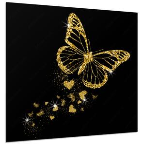 Obraz skleněný luxusní zlatý motýl a záře srdíček - 34 x 34 cm