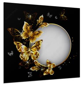 Obraz skleněný kulatý znak se zlatými motýly - 34 x 34 cm