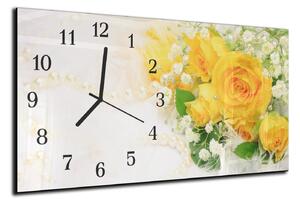 Nástěnné hodiny žluté růže, bílý květ 30x60cm - plexi