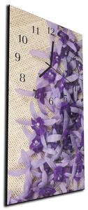 Nástěnné hodiny fialové květy na tkanině 30x60cm - plexi