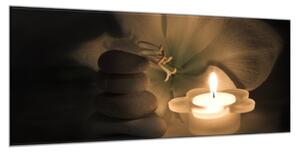 Obraz skleněný svíce kámen květ - 34 x 72 cm
