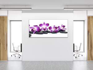 Obraz skleněný květy fialová orchidej a kámen - 100 x 150 cm