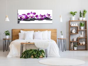 Obraz skleněný květy fialová orchidej a kámen - 30 x 60 cm