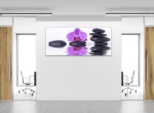Obraz skleněný květ fialová orchidej na hladině vody s kameny - 100 x 150 cm