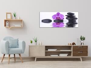 Obraz skleněný květ fialová orchidej na hladině vody s kameny - 100 x 150 cm