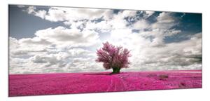 Obraz skleněný strom v levandulovém poli - 30 x 60 cm