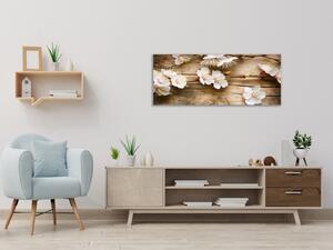 Obraz skleněný jarní větve s květy na dřevě - 30 x 60 cm