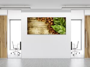 Obraz skleněný kávové zrna a list na dřevě - 30 x 60 cm