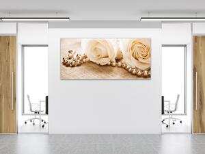 Obraz skleněný květy růží a perly - 30 x 60 cm