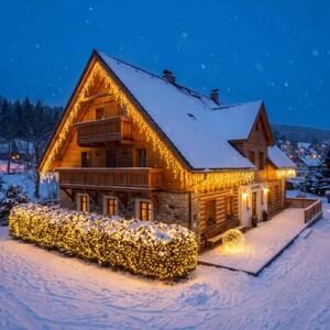 Vánoční sada pro hotely Třpytivá fasáda, 8× krápníky 3 m Flash, 1× řetěz 20 m Flash, 3D LED koule Ø 60 cm, teplá bílá s Flash