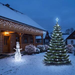 Vánoční sada pro hotely Ledová velká fasáda, strom 6–8 m Flash, 16× krápníky 3 m, 5× řetěz 20 m, 3D LED sněhulák 107 cm, ledová bílá