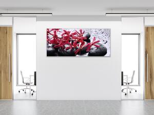 Obraz skleněný červený květ a černé kameny - 30 x 60 cm