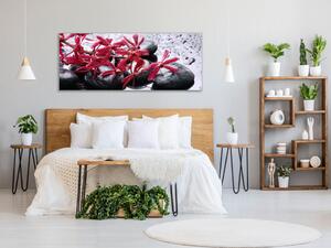 Obraz skleněný červený květ a černé kameny - 50 x 100 cm