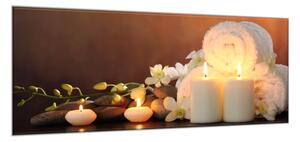 Obraz skleněný spa bílé svíce, květy a ručník - 60 x 90 cm