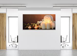 Obraz skleněný spa bílé svíce, květy a ručník - 30 x 60 cm