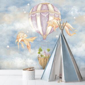 Fototapeta Horkovzdušný balón, dům a ryby na modré obloze Materiál: Vliesová, Rozměry: 200 x 140 cm