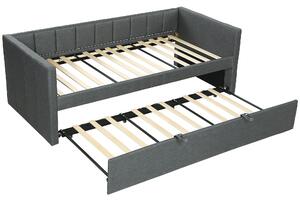 HOMCOM rozkládací postel 90 x 190 cm s výsuvnou přistýlkou, polstrované čelo a područky, topolové lamely, tmavě šedá | Aosom