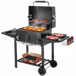 Outsunny gril na dřevěné uhlí s odnímatelným roštem, nastavitelnou miskou na uhlí, přenosný BBQ vozík s víkem, skládacími policemi, teploměrem, košíke