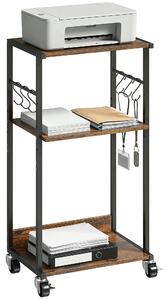 HOMCOM 3patrový pojízdný stojan na tiskárnu s kolečky a brzdami a 6 bočními háčky, úspora místa, kov a dřevo, pro domácnost/kancelář/studio/průmysl, 4