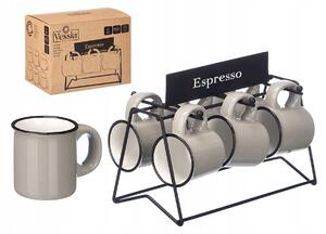 ŠEDÉ PORCELÁNOVÉ ŠÁLKY NA ESPRESSO 100 ML 6 KS S KOVOVÝM STOJANEM