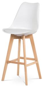 Barová židle, bílá plast+ekokůže, nohy masiv buk CTB-801 WT