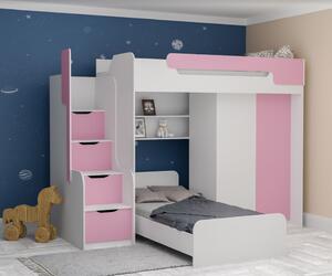 Dětská vyvýšená postel s dodatkovým lůžkem a skříní DORIAN II - 200x90 cm - růžová