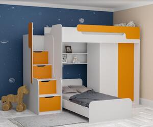Dětská vyvýšená postel s dodatkovým lůžkem a skříní DORIAN II - 200x90 cm - oranžová