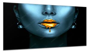 Obraz skleněný abstraktní ženská tvář zlaté rty - 34 x 72 cm