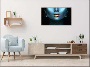 Obraz skleněný abstraktní ženská tvář zlaté rty - 30 x 60 cm